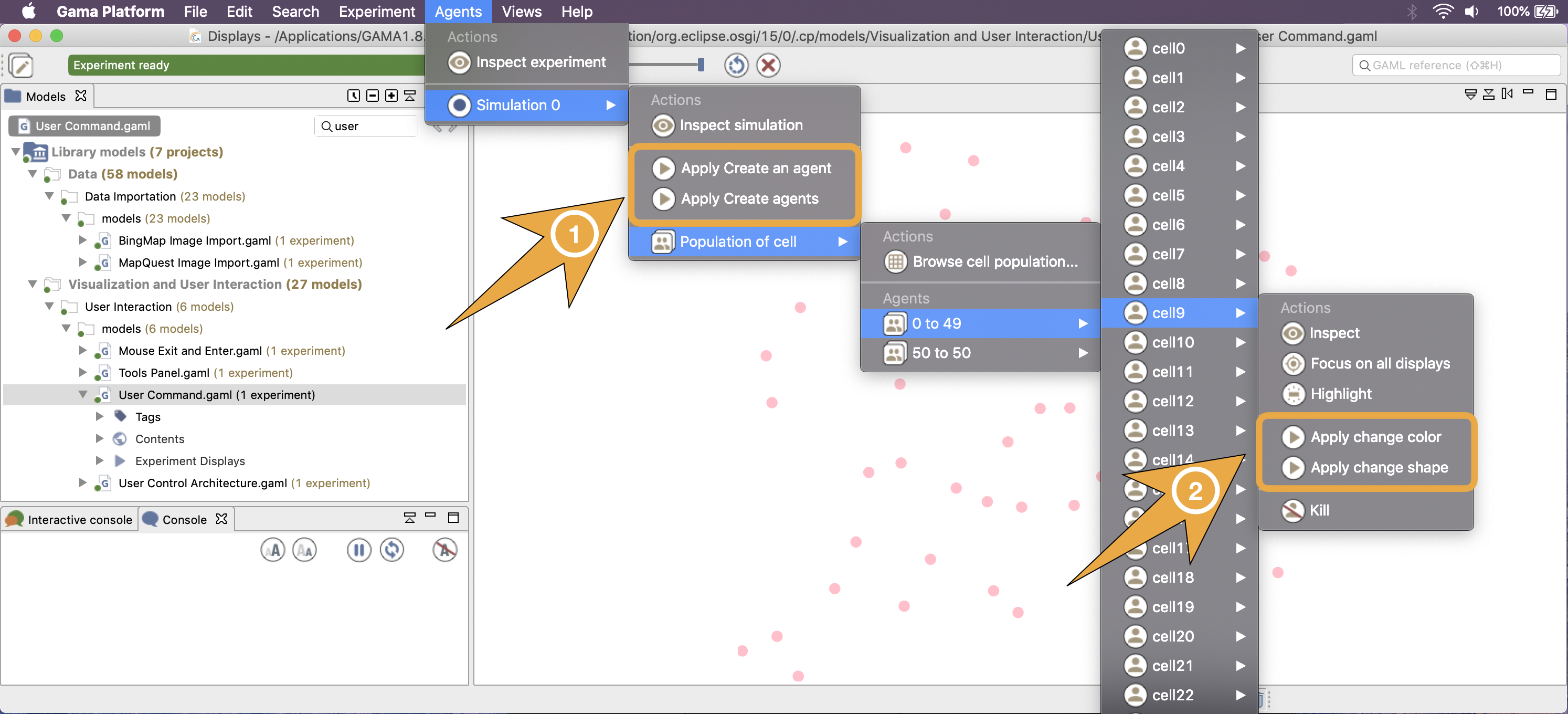 Display of the user commands available in agents of the model.