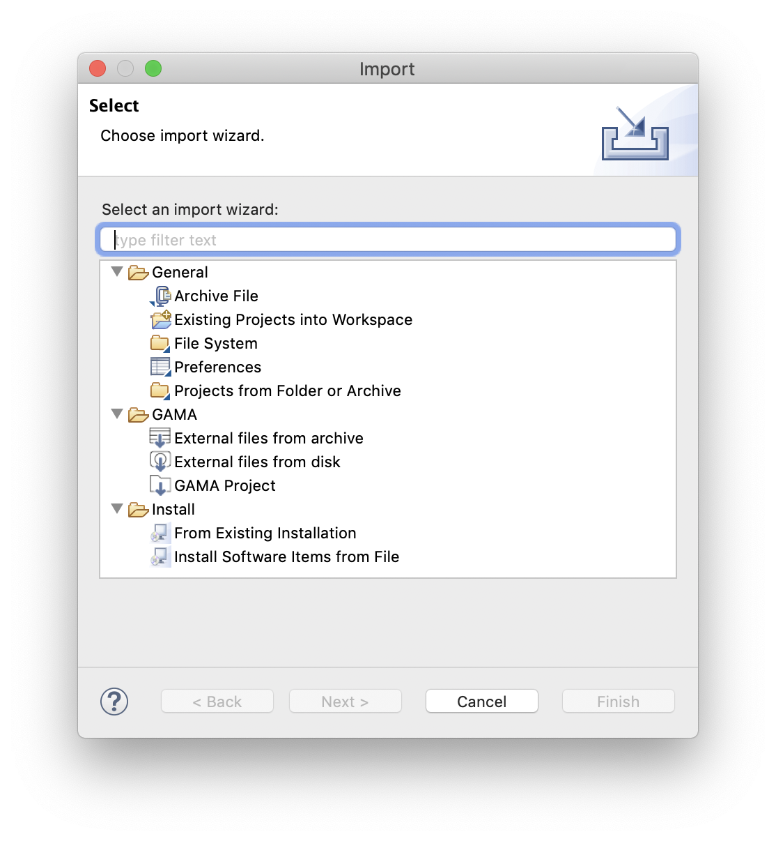 The dialog box gathering all the possible way of importing a project.