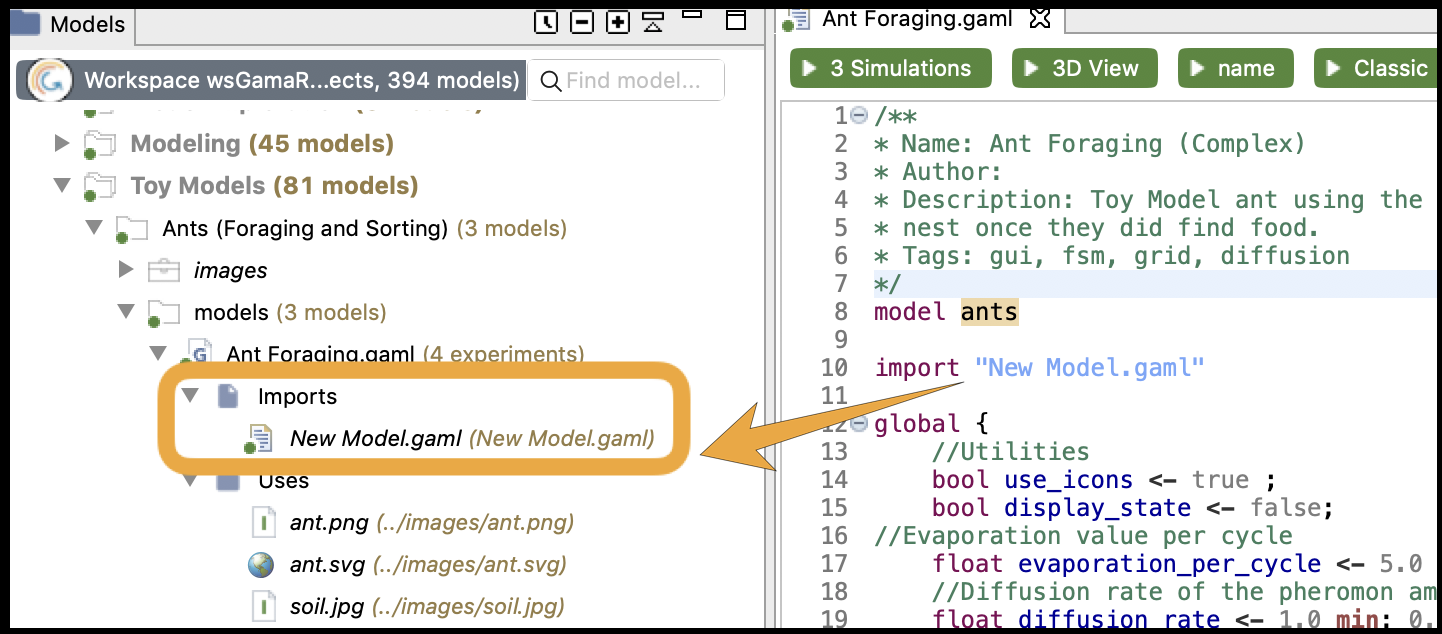 Imports node lists all the imported models.