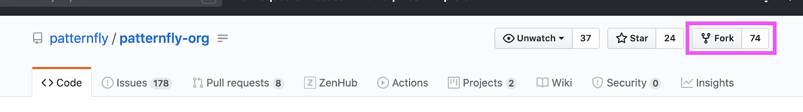 fork button in PatternFly-org repo